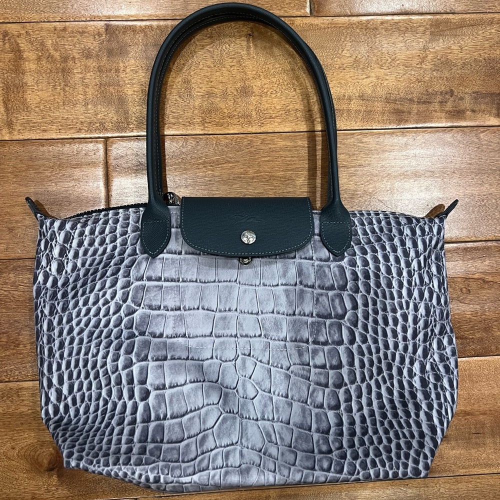 New never used Longchamp Gray Crocodile-Patterned Tote Bag